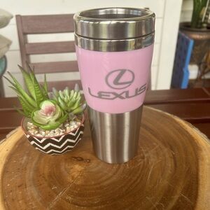 Pink Lexus travel tumbler with chrome trim
